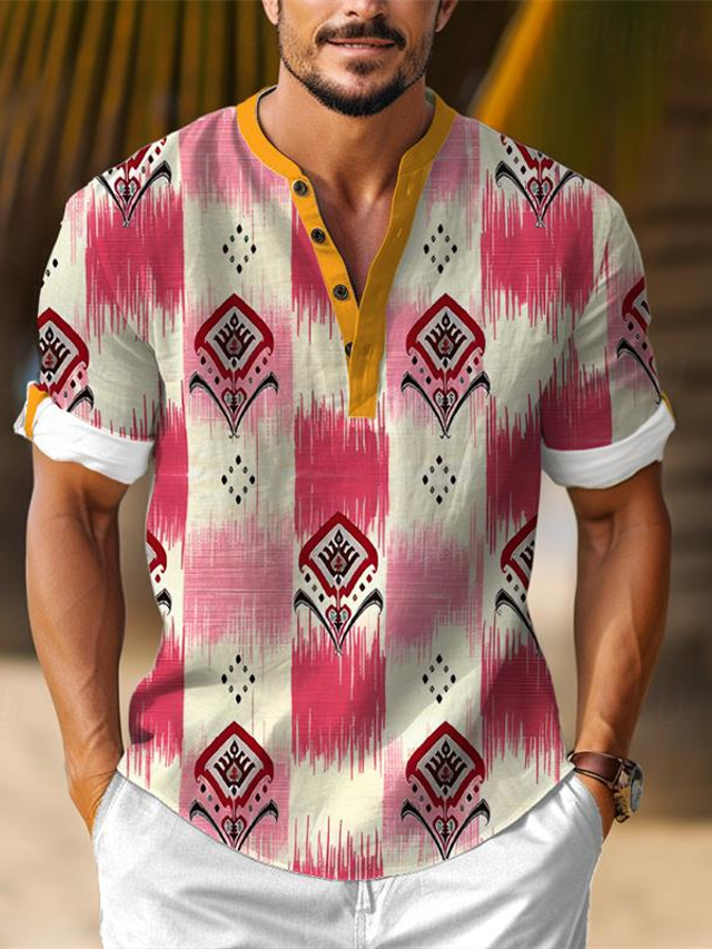  Ethnic Patterns Men's Resort Hawaiian Style 3D Printed Henley Shirt Casual Shirt Daily Wear Vacation Going out Spring & Summer Stand Collar Short Sleeve Pink, Blue, Orange S, M, L Shirt