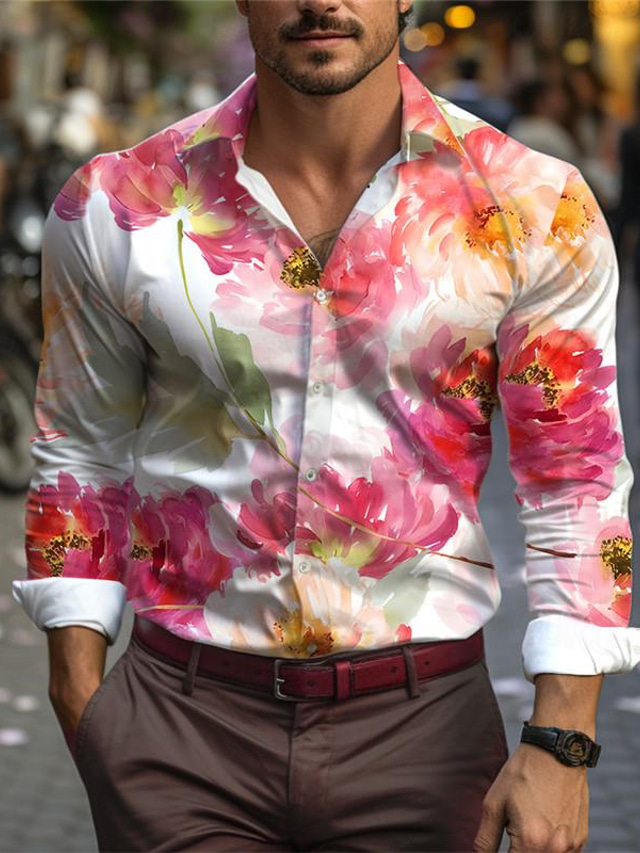  روز ورد كاجوال رجالي قميص مناسب للبس اليومي مناسب للخارج الربيع طوي كم طويل وردي بلاشيهغ, أزرق, أرجواني S, M, L 4-طريقة سترتش النسيج قميص عيد الحب