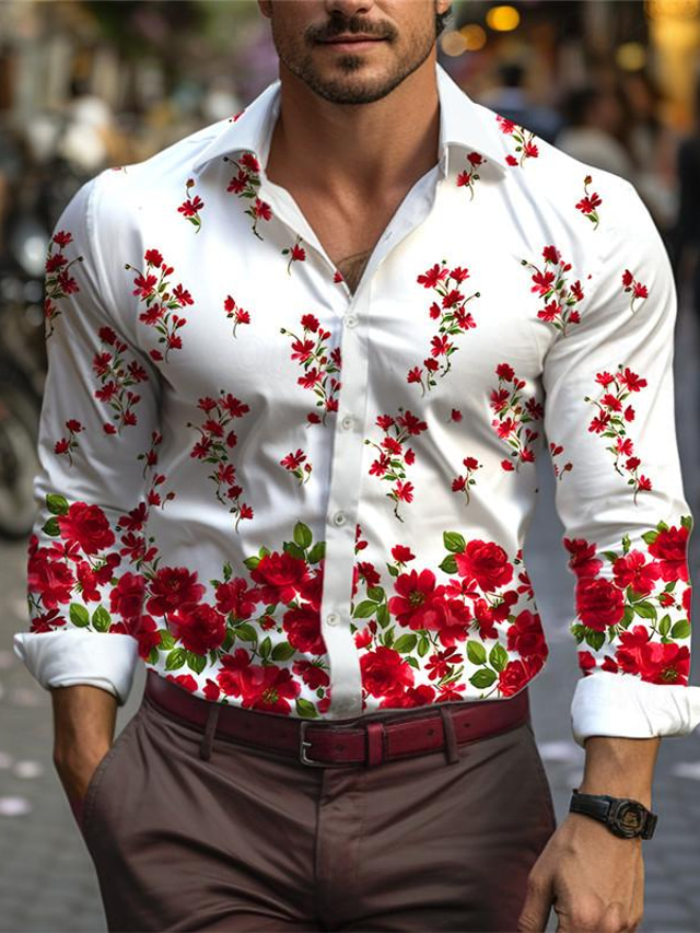  ورد كاجوال رجالي قميص مناسب للبس اليومي مناسب للخارج الربيع طوي كم طويل أحمر, أزرق, أرجواني S, M, L 4-طريقة سترتش النسيج قميص عيد الحب