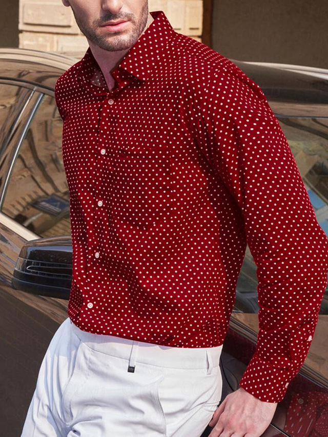  Homme Chemise Chemise boutonnée Chemise décontractée Rouge manche longue Pois Revers du quotidien Vacances Poche avant Vêtement Tenue Mode Décontractées Confortable