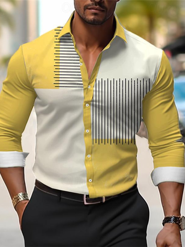  Color Block Stripe Men's Business Casual 3D Printed Shirt Outdoor Wear to work Daily Wear Spring & Summer Turndown Long Sleeve Yellow Blue Purple S M L 4-Way Stretch Fabric Shirt