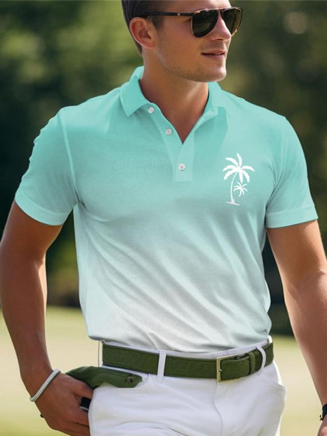  Palm Tree Gradual Men's Sportswear 3D Print Polo Shirt Golf Polo Sports & Outdoor Running Gym Pique Polo Shirt Short Sleeve Turndown Polo Shirts Yellow Pink Summer S M L Micro-elastic Lapel Polo