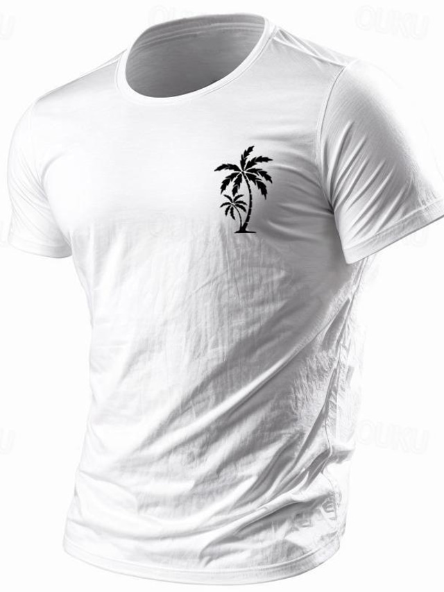  T-shirt in cotone con grafica da uomo stampata con albero di cocco, camicia classica sportiva a maniche corte, comoda maglietta sportiva, per vacanze estive, stilista di abbigliamento estivo