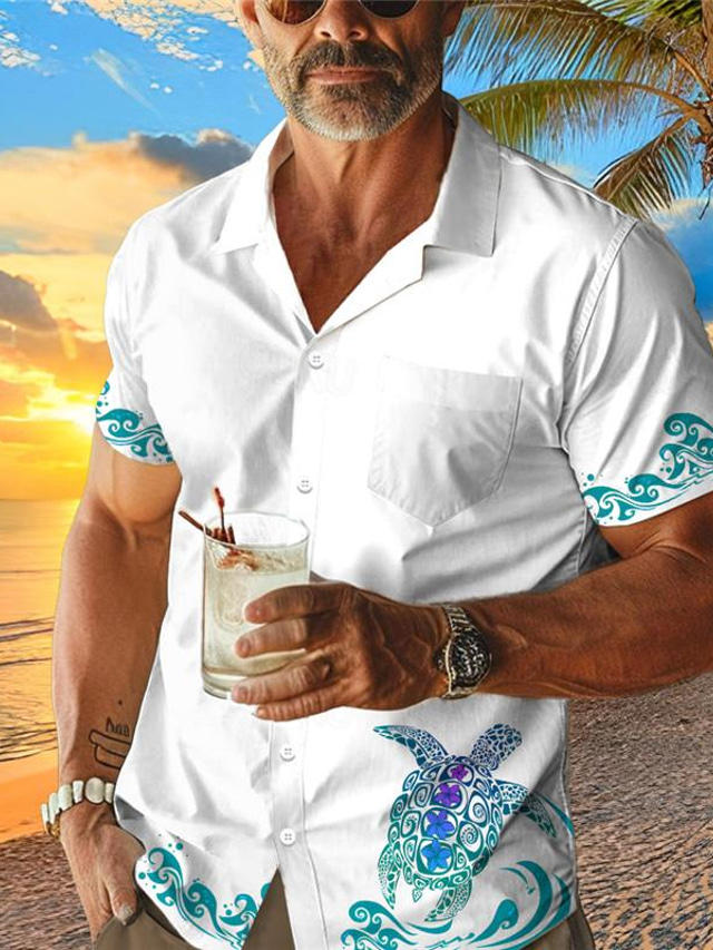  قميص رجالي مطبوع عليه سلحفاة البحر الحياة البحرية هاواي ثلاثي الأبعاد بياقة كوبية وأكمام قصيرة قميص شاطئ صيفي للعطلات ملابس يومية مقاس S إلى 3XL