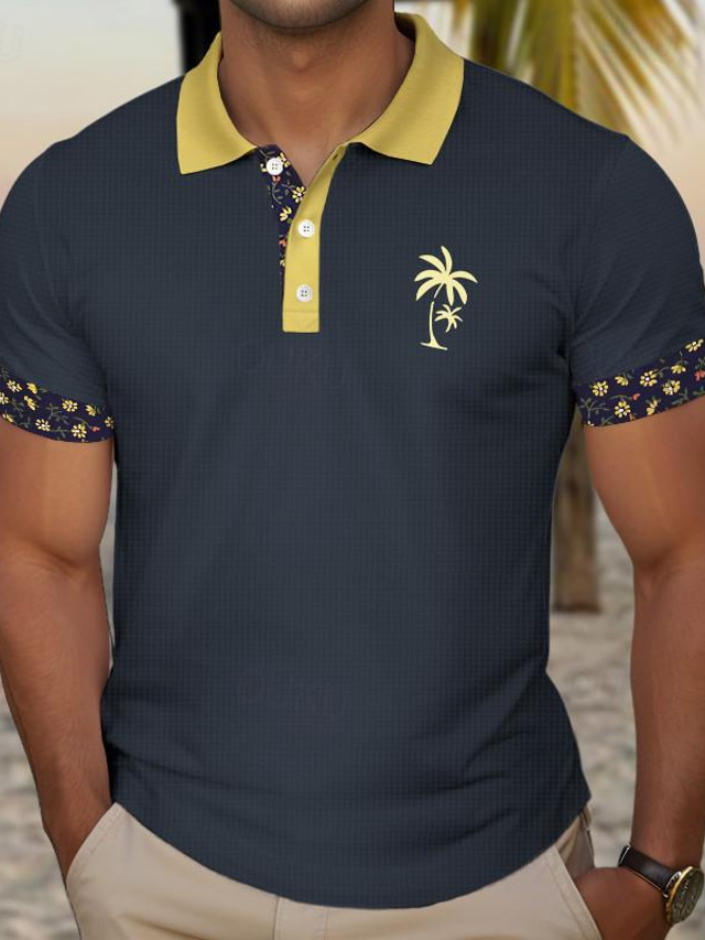  Palmboom Toevlucht Voor heren POLO Shirt Wafel poloshirt Korte mouw Feestdagen Vakantie Strand Zomer 3D Afdrukken Strijkijzer Zwart Wit Marineblauw Micro-elastisch Wafelstof