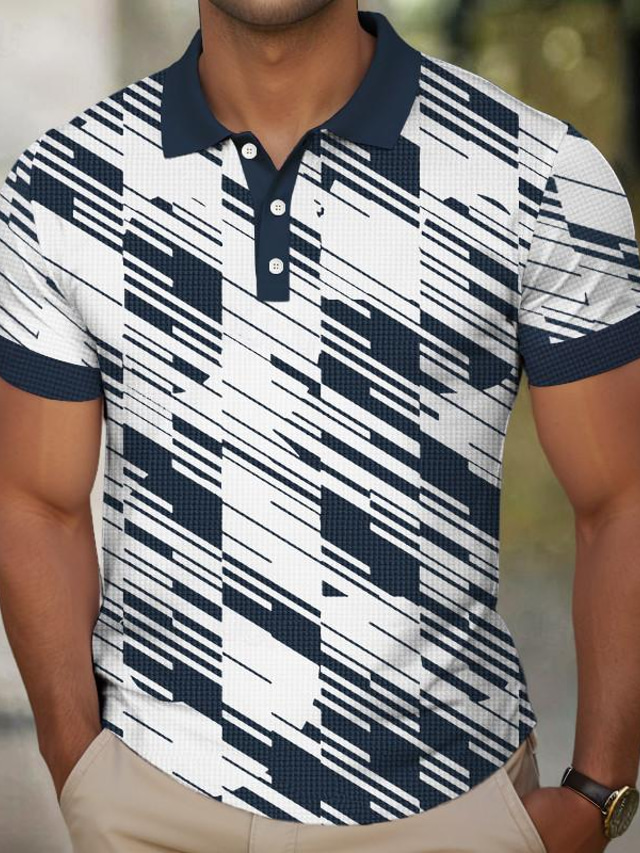  Geometría Informal de negocios Hombre POLO polo gofrado Manga Corta Calle Usar para trabajar Ropa Cotidiana Verano 3D Estampado Cuello Vuelto Negro Azul Marino Morado Microelástico Tela de gofres