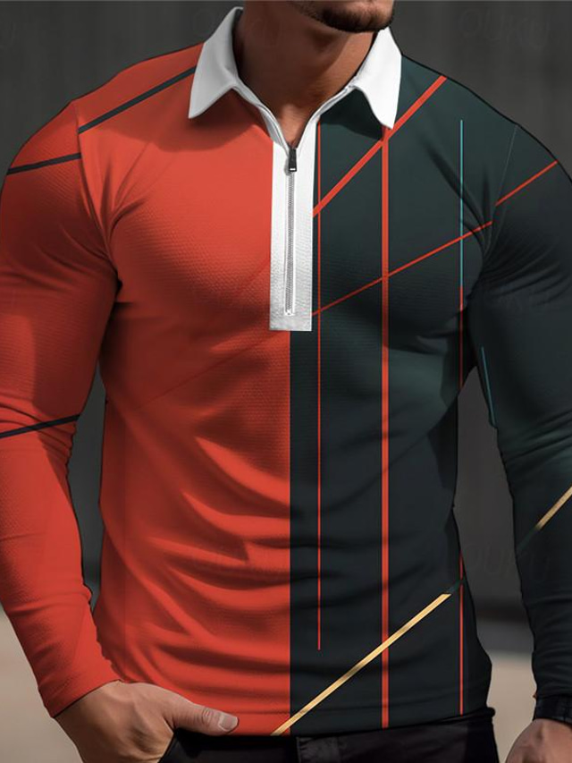  Geometria Męskie Biznes 3D Nadruk Koszulka polo Bluza polo Na zewnątrz Codzienne Streetwear Poliester Długi rękaw Wieczorne Suwak Koszulki polo Żółty Czerwony Wiosna S M L Średnio elastyczny Polo z