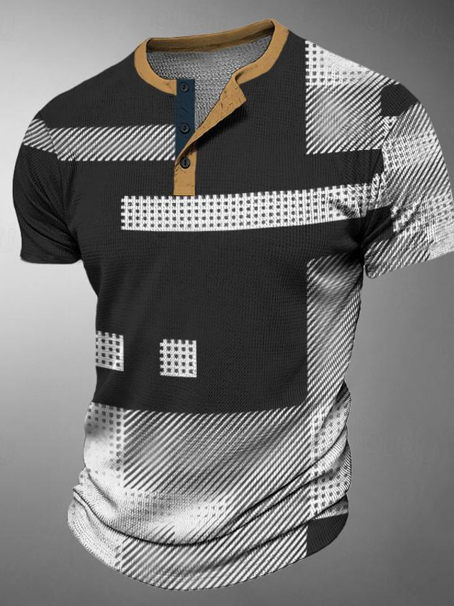 Geometry Men's Business Casual 3D Print Waffle Henley T Shirt Tee Casual Daily T shirt Black Blue Brown Short Sleeve Henley Shirt Spring & Summer Clothing Apparel S M L XL 2XL 3XL