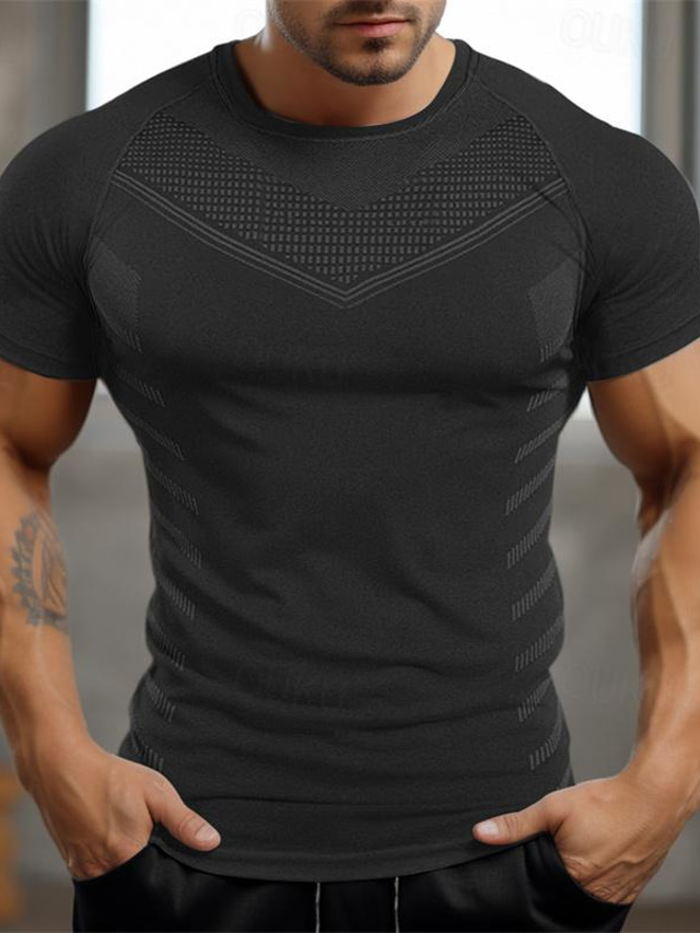  Men's Gym Shirt Sports T-Shirt Crew Neck Short Sleeve Sport Casual Daily Gym Quick dry Breathable Soft Color Block Black Yellow Activewear Fashion Basic