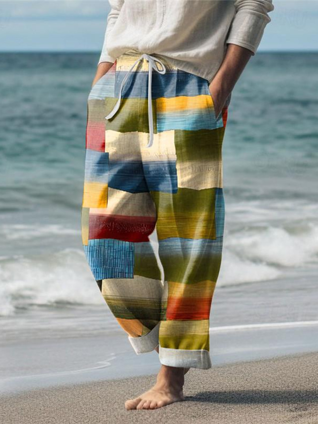  Color Block Plaid Men's Resort 3D Printed Casual Pants Trousers Elastic Waist Drawstring Loose Fit Straight-Leg Summer Beach Pants S TO 3XL