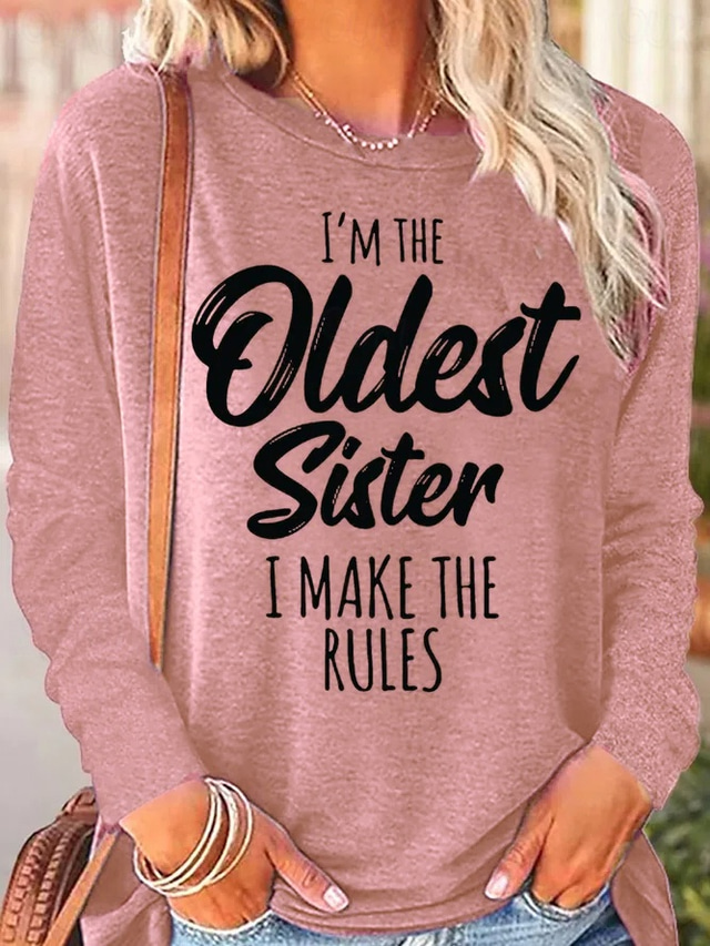  Dam T-shirt Bokstav Familj Mode Långärmad Rund hals Vanliga toppar Dagligen Helgen Mönster Svart Rodnande Rosa Blå Grön Vår & Höst Vår, Höst, Vinter, Sommar