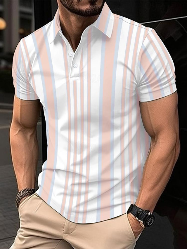  Men's Polo Shirt Work Street Turndown Short Sleeves Stripes Basic Summer Loose Fit White khaki Polo Shirt