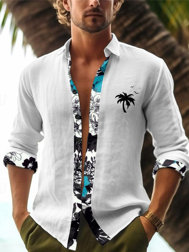  Palm Tree Men's Resort Hawaiian Casual 3D Printed Shirts Daily Wear Going out Weekend Spring Turndown Long Sleeve Black, White, Pink S, M, L Polyester Slub Fabric Shirt