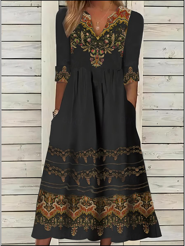  Women's Polyester Floral Tribal Pocket Print Split Neck Midi Dress Vintage Ethnic Daily Date Half Sleeve Summer Spring