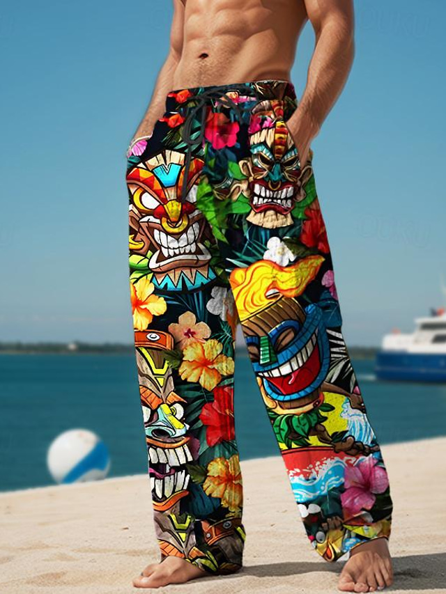 Tiki Tropical Aloha Men's Resort 3d drukowane spodnie na co dzień spodnie elastyczny pas ściągany sznurkiem luźny krój proste nogawki letnie spodnie plażowe od rozmiaru do 3xl