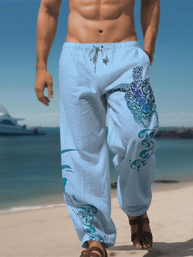  animalsk skildpadde print til mænds hawaiiansk bomulds hørbukser elastisk snøredesign bukser bukser med lige ben udendørs dagligt slid streetwear 20% hør bukser med mellemtalje elasticitet