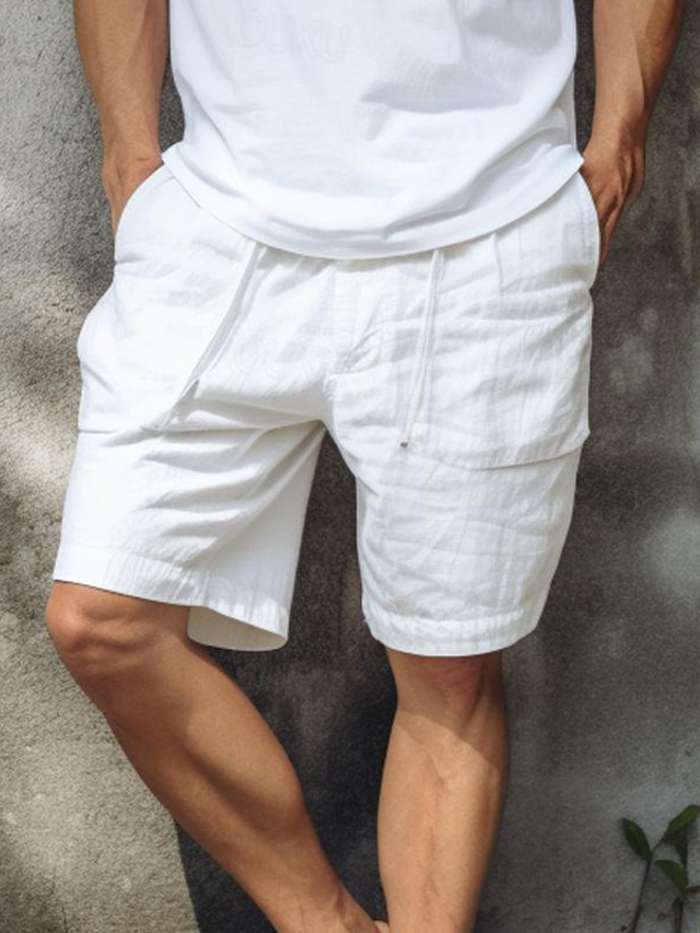  Homme Short Short en lin Short d'été Poche Cordon Taille elastique Plein Confort Respirable Court Casual du quotidien Vacances Mode Style classique Noir Blanche