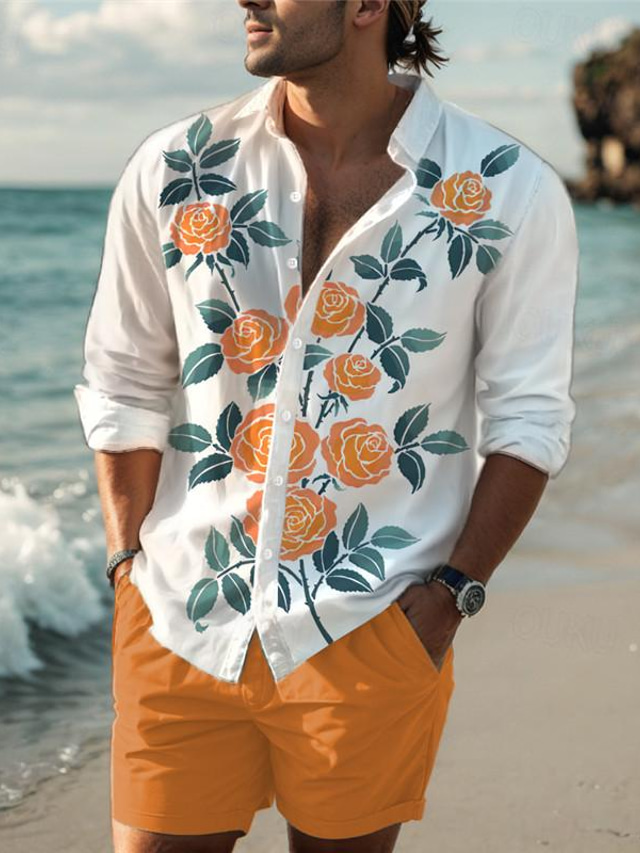  Voor heren roze Overhemd Lange mouw Hawaii Casual Alledaagse kleding Uitgaan Lente Strijkijzer Afdrukken Button-omlaag Rood blauw Paars Oranje