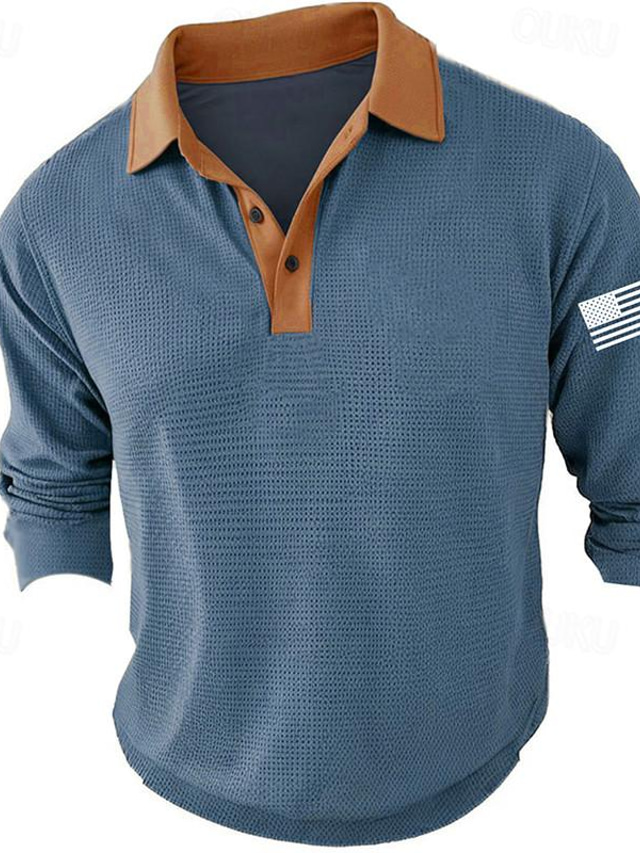  National Flag Men's Business Casual 3D Print Waffle Polo Shirt Outdoor Wear to work Streetwear Polyester Long Sleeve Turndown Polo Shirts Blue Green Spring & Summer S M L Micro-elastic