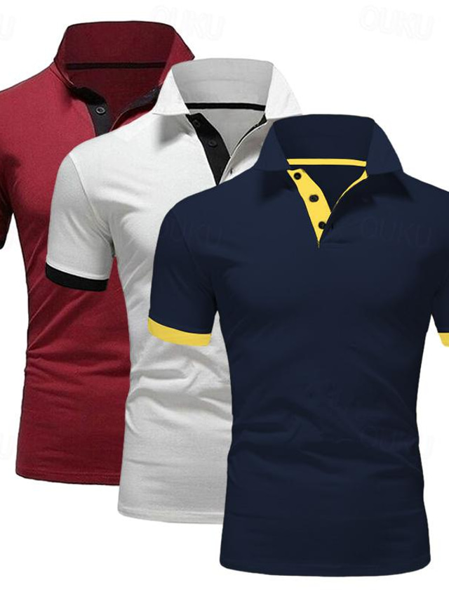  Voor heren POLO Shirt Golfshirt Casual Sport Revers Korte mouw Modieus Basic Effen Kleur Lapwerk 3-stuks Zomer Normale pasvorm Grijs+zwart+marineblauw Blauw+Wijn+Marineblauw Grijs+oranje+wijn