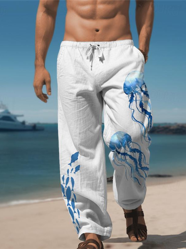  Qualle Meeresleben Herren Resort 3D-gedruckte Freizeithose Hose elastische Taille Kordelzug lockere Passform Sommer-Strandhose mit geradem Bein S bis 3XL