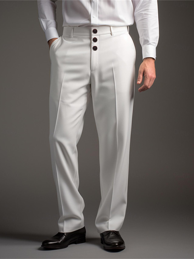  男性用 スーツ ズボン スーツパンツ ボタン フロントポケット まっすぐな足 平織り 履き心地よい ビジネス 日常 祝日 ファッション シック・モダン ブラック ホワイト