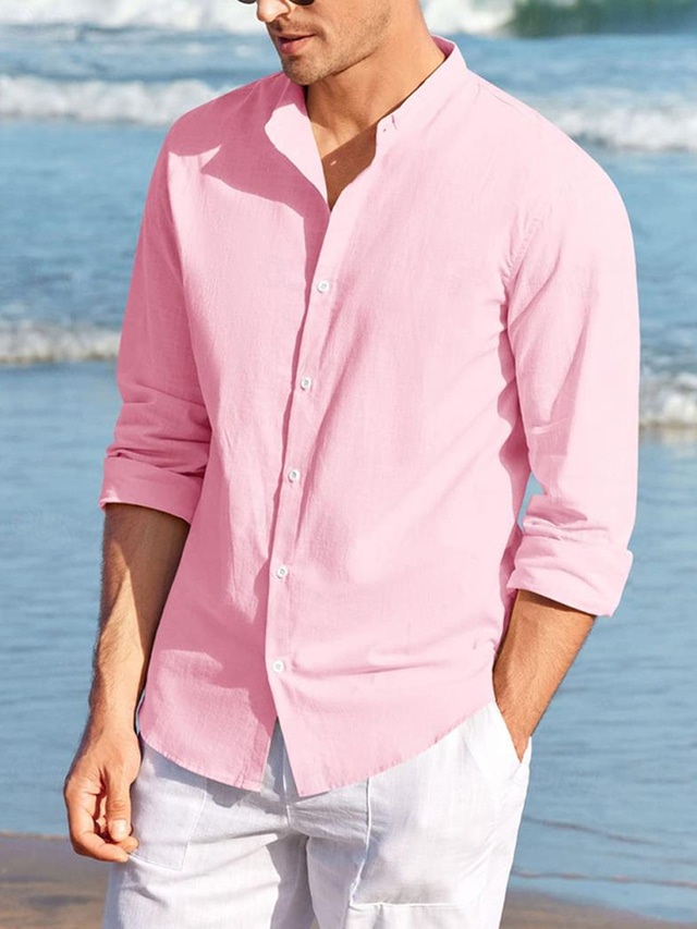  Men's Shirt Linen Shirt Button Up Shirt Beach Shirt Pink Army Green Long Sleeve Plain Lapel Spring &  Fall Casual Daily Clothing Apparel
