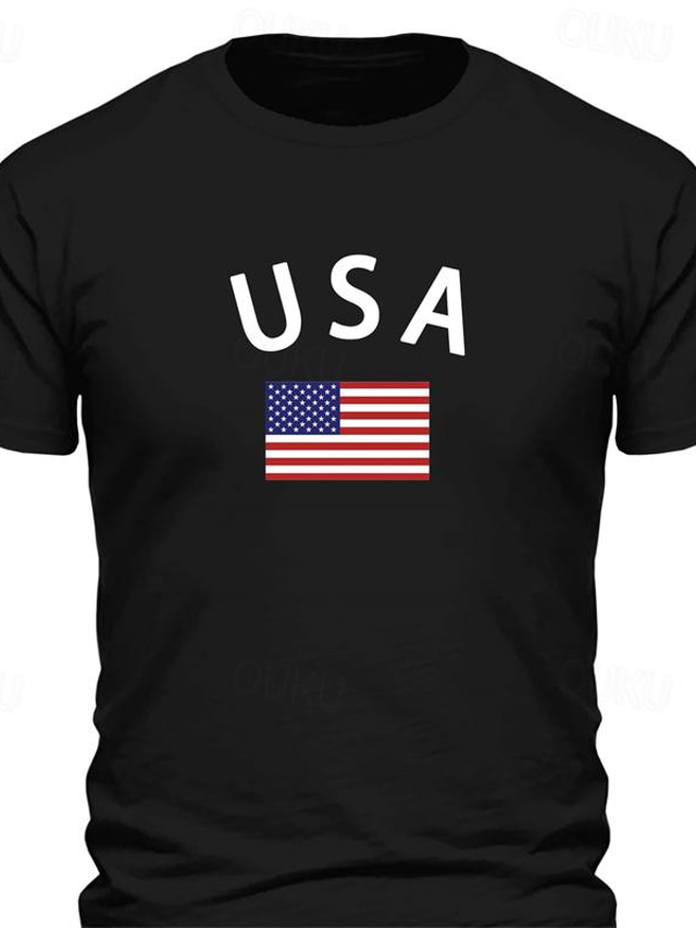  Herr Amerikanska flaggan T-shirt T-tröja Bomull Kortärmad Grafisk Skjorta Svart Vit Rubinrött Bekväm t-shirt Utomhussport Helgdag Modedesignerkläder