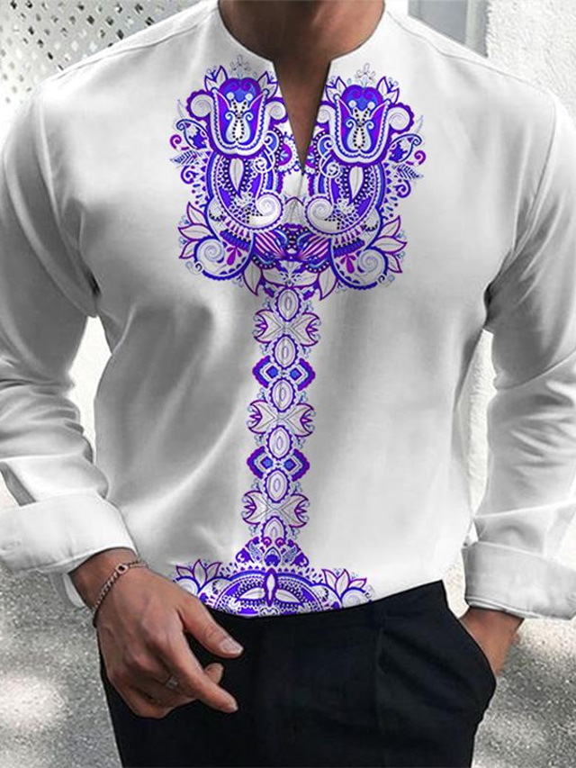  Floral Pattern Men's Tribal Style 3D Printed Henley Shirt Daily Wear Going out Spring &  Fall V Neck Long Sleeve Blue, Purple, Light Blue S, M, L 4-Way Stretch Fabric Shirt