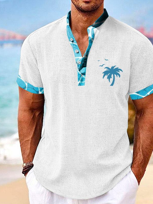  Kokospalme Herren-Hemd mit Resort-Hawaii-3D-Druck, Henley-Hemd, Hemd mit Knöpfen, Sommerhemd, Urlaub, Ausgehen, Frühling & Sommer-Stehkragen, Henley-Kragen, kurze Ärmel, hellblau, weiß, grün