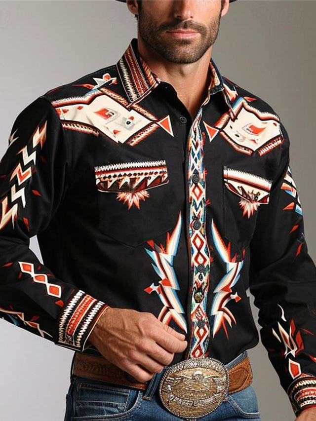  Geometry Vintage western style Men's Printed Shirts Daily Wear Going out Weekend Spring Turndown Long Sleeve Black, Navy Blue, Brown S, M, L 4-Way Stretch Fabric Shirt