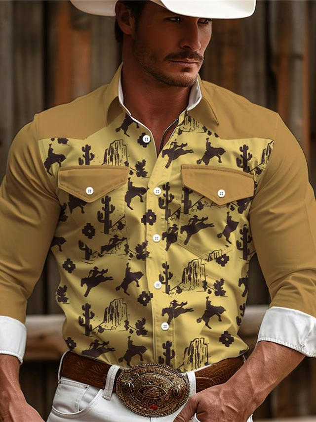  Symbol Cowboy Vintage westlicher Stil Herren Bedruckte Hemden Freizeitskleidung Ausgehen Wochenende Frühling Sommer Umlegekragen Langarm Blau, Braun, Khaki S, M, L 4-Wege-Stretchgewebe Hemd