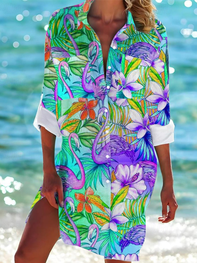  Women's Shirt Blouse Fashion Hawaiian Floral Buttons Print Long Sleeve Regular Tops Shirt Collar Casual Holiday Beach Blue Green Spring &  Fall