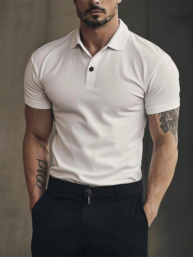  Camisa polo masculina 100% algodão, camisa de golfe, esportes casuais, lapela, manga curta, moda básica, botão liso, verão, ajuste regular, camisa polo preta e branca