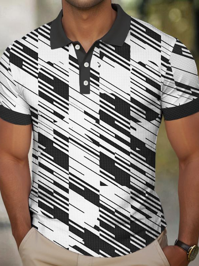  Geometry Men's Business Casual 3D Print Waffle Polo Shirt Street Wear to work Daily Wear Waffle Fabric Short Sleeve Turndown Polo Shirts Black Navy Blue Summer S M L Micro-elastic Lapel