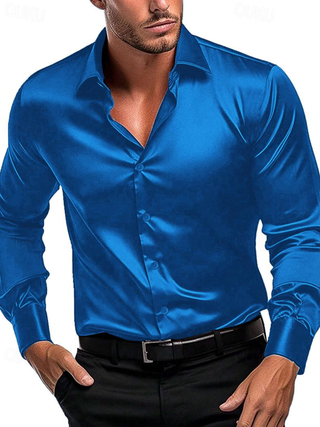  Men's Shirt Satin Shirt Button Up Shirt Casual Shirt Black White Wine Navy Blue Green Long Sleeve Plain Lapel Daily Vacation Clothing Apparel Fashion Casual Comfortable