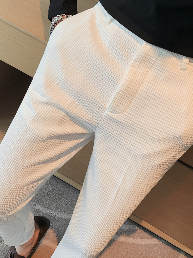  男性用 スーツ ズボン ワッフルパンツ ボタン フロントポケット まっすぐな足 平織り 履き心地よい ビジネス 日常 祝日 ファッション シック・モダン ブラック ホワイト マイクロエラスティック