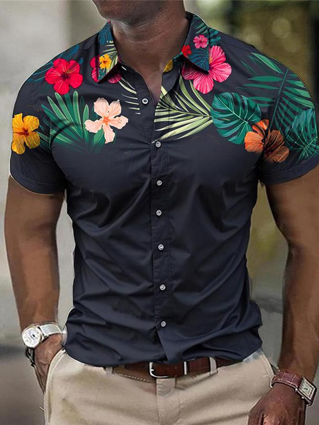  Floral Men's Business Casual 3D Printed Shirt Outdoor Street Wear to work Summer Turndown Short Sleeves Black Burgundy Navy Blue S M L 4-Way Stretch Fabric Shirt