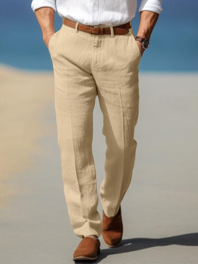  Men's Linen Pants Trousers Summer Pants Beach Pants Front Pocket Straight Leg Plain Comfort Breathable Formal Business Holiday Linen Cotton Blend Fashion Basic White Blue