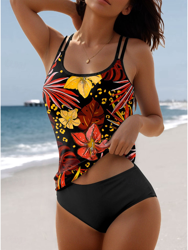  Dames Badpakken Tankini 2 Delig Short Badpak 2 Delig Print Vakantie Strandkleding Bloemige Mouwloos Zwemkleding