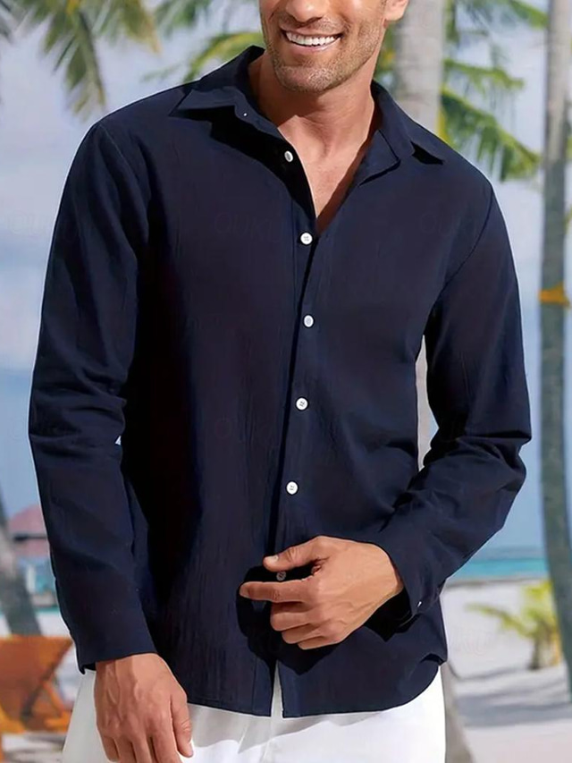  رجالي قميص قميص كتان زر حتى القميص قميص الشاطئ أزرق البحرية كم طويل سهل Lapel ربيع & الصيف فضفاض مناسب للبس اليومي ملابس