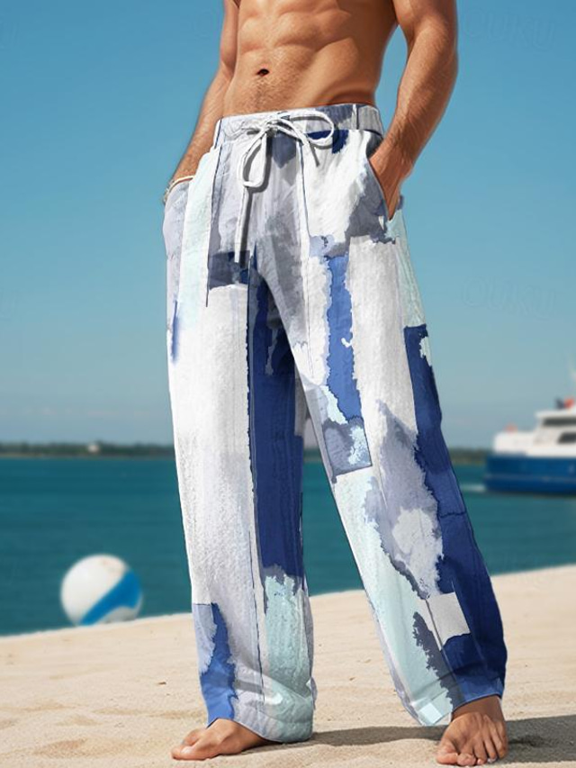  Schattierung Herren Resort 3D-gedruckte Freizeithose Hose elastische Taille Kordelzug lockere Passform Sommer-Strandhose mit geradem Bein S bis 3XL