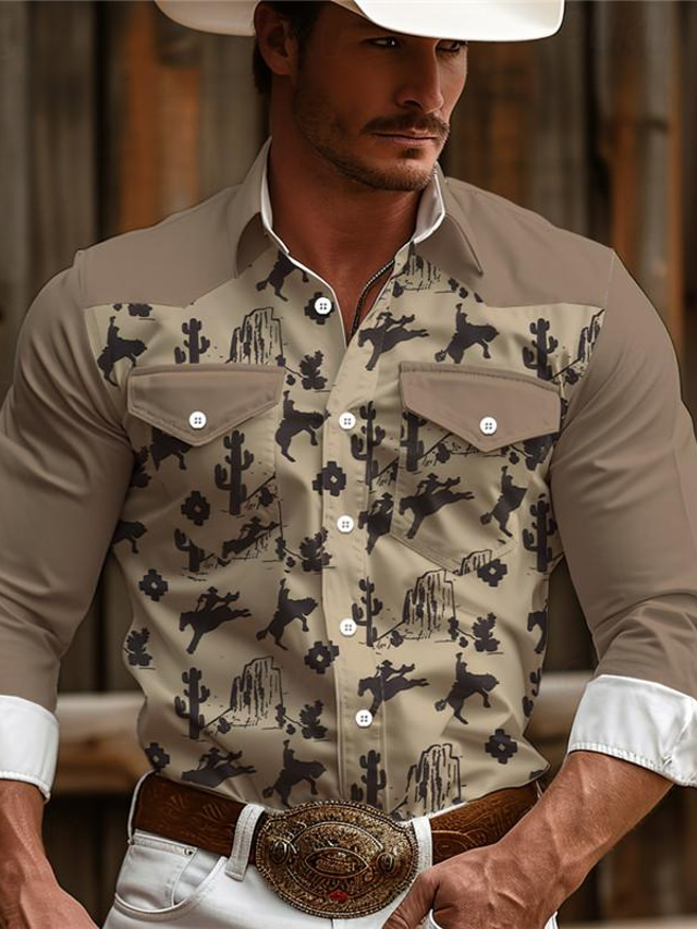  Cowboy Årgang vestlig stil Herre Skjorte med knapper Western skjorte Langermet Dagligdagstøy Helg Vår Høst Vinter Skjorter med krage 3D-utskrift Lomme foran Tynn Blå Brun Kakifarget Polyester