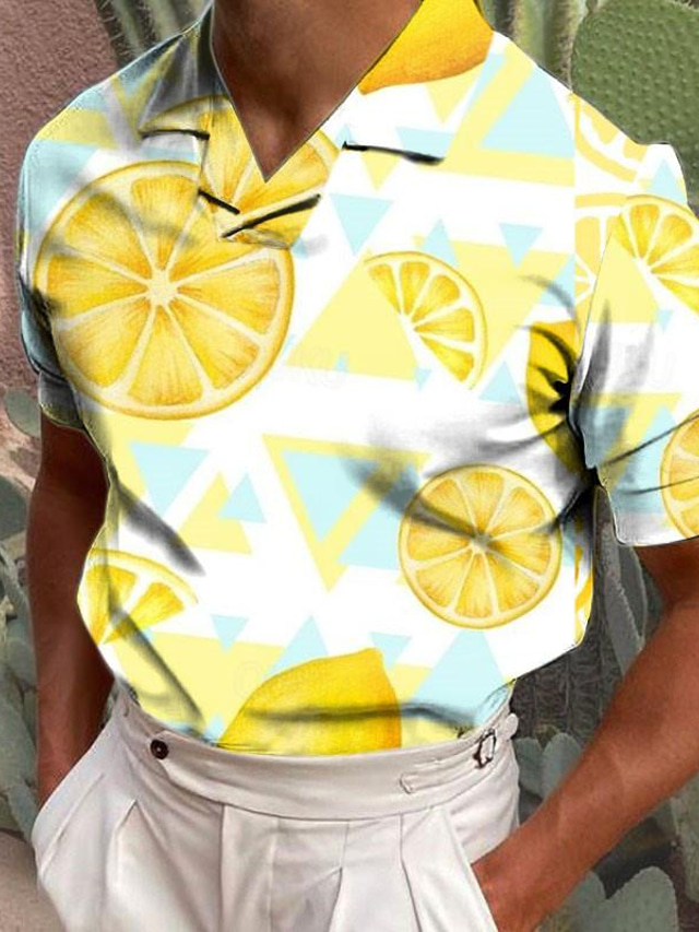  Men's Lemon Geometry Polo Shirt Golf Polo Short Sleeve Polo Shirts Cuban Collar Resort Outdoor Daily Wear Streetwear 3D Print White Yellow Blue