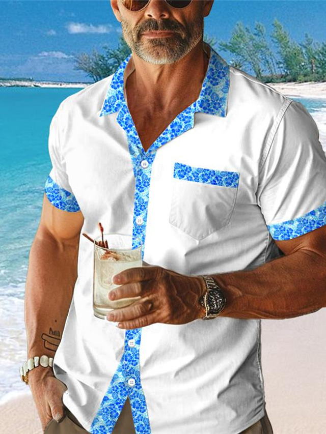  Florales tropisches Resort-Hemd für Herren mit 3D-Druck, kubanischer Kragen, kurzärmlig, Sommer-Strandhemd, Urlaub, Alltagskleidung, S bis 3XL