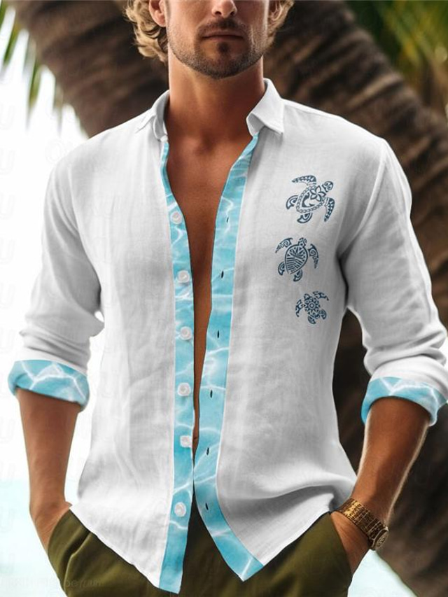  Turtle Men's Resort Hawaiian 3D Printed Shirts Daily Wear Going out Weekend Spring Turndown Long Sleeve Black, White, Pink S, M, L Polyester Slub Fabric Shirt