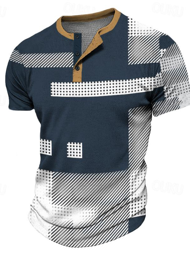  Herr Geometri Henleytröja Våffel T-shirt Kortärmad T-shirt 3D-tryck Henley Skjorta Dagligen Business Casual Ledigt Dagligen Svart Blå Brun Vår & sommar Kläder S M L XL 2XL 3XL