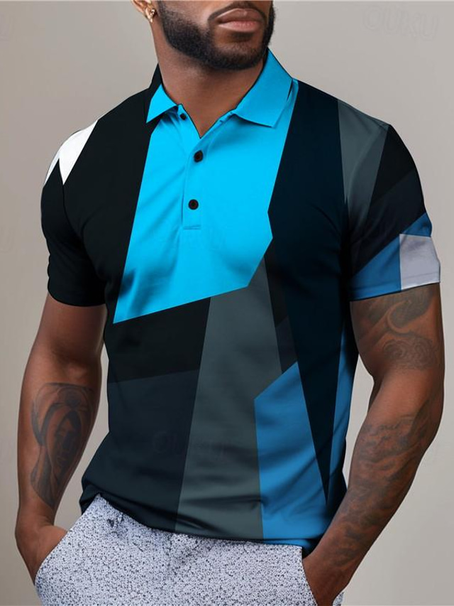  Color Block Geometry Men's Fashion Casual Polo Shirt Golf Polo Outdoor Holiday Daily Wear Pique Polo Shirt Short Sleeve Turndown Polo Shirts Red Blue Summer S M L Micro-elastic Lapel Polo