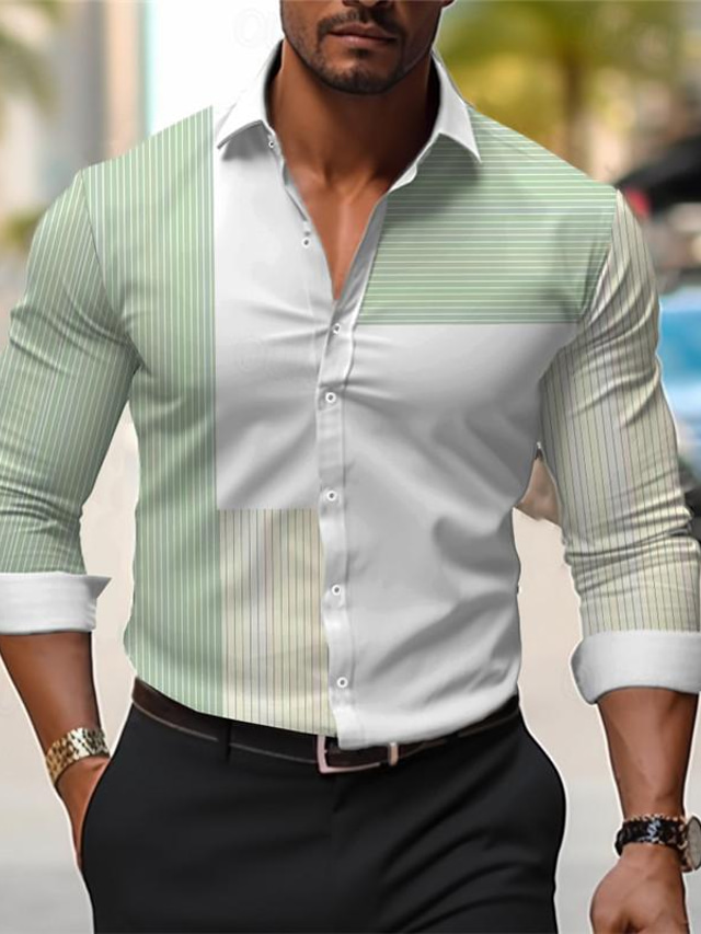  Stripe Men's Business Casual 3D Printed Shirt Outdoor Wear to work Daily Wear Spring & Summer Turndown Long Sleeve Violet Fuchsia Green S M L 4-Way Stretch Fabric Shirt