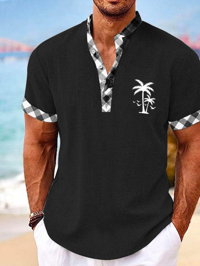  Plaid Coconut Palm Men's Resort Hawaiian 3D Print Shirt Henley Shirt Button Up Shirt Summer Shirt Holiday Vacation Going out Spring & Summer Stand Collar Henley Collar Short Sleeve Black White Blue